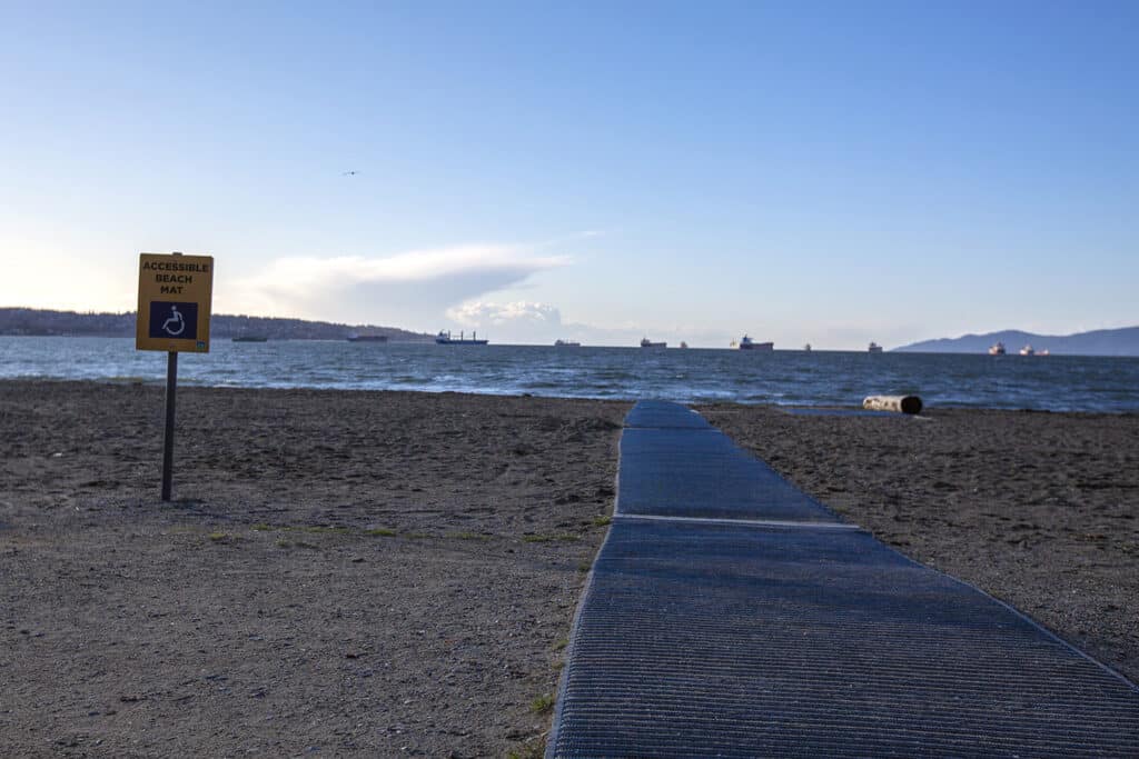 Accessible beaches are becoming more popular in BC, like the the wheelchair mat at English Bay shown in this picture.